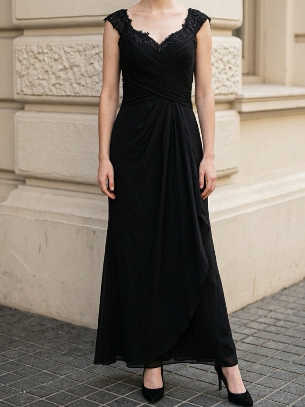 Classic Black Lace-Trim Evening Dress